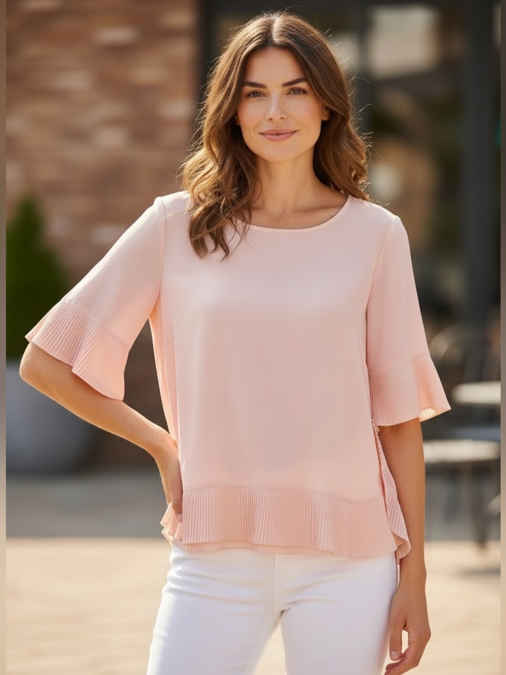 NY Collection Womans Peach Ruffled Petite Blouse, NWT PS